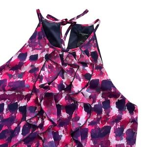 Ann Taylor Womens 2 Purple Pink Abstract Print Sleeveless Ruffle Blouse Tank Top